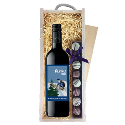 Alpino Montepulciano d'Abruzzo 75cl Red Wine & Heart Truffles, Wooden Box
